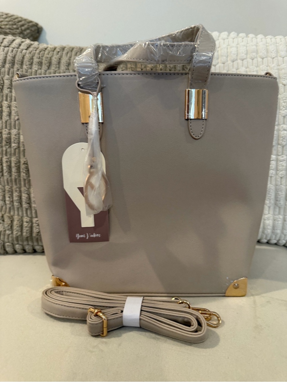New Taupe Structured Tote Handbag with Gold Accents